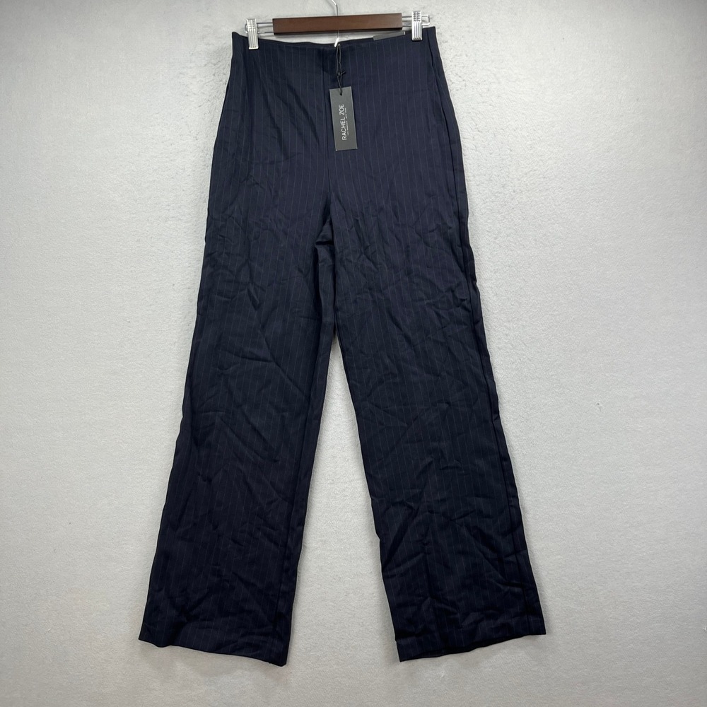 Rachel Zoe Pinstripe Wide Leg Pants Womens 8 Navy Blue High Rise Trousers Office
